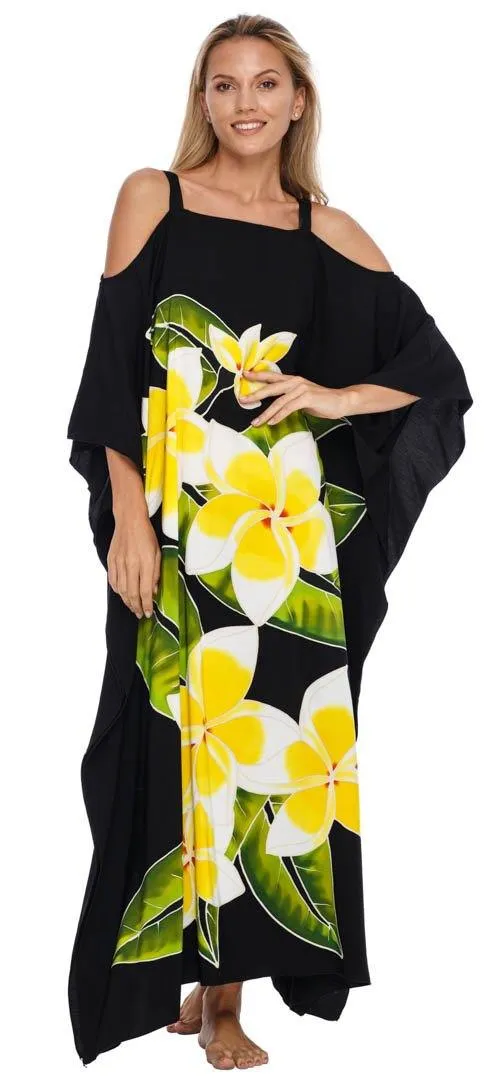 SHU-SHI Women's Cold Shoulder Floral Kaftan Dress | Plus Size Maxi Beach Cover-Up Caftan
