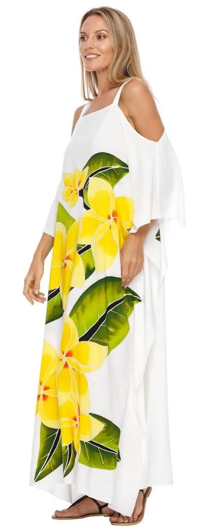 SHU-SHI Women's Cold Shoulder Floral Kaftan Dress | Plus Size Maxi Beach Cover-Up Caftan