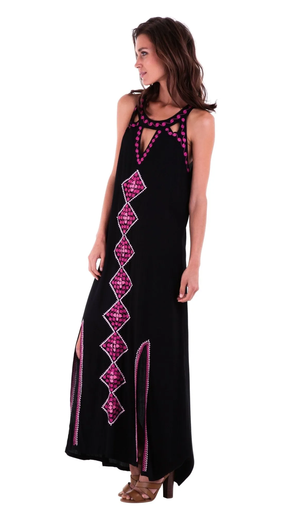 SHU-SHI Women's Sleeveless Boho Maxi Dress - Long Summer Tank with Double Split Geometric Design in Black