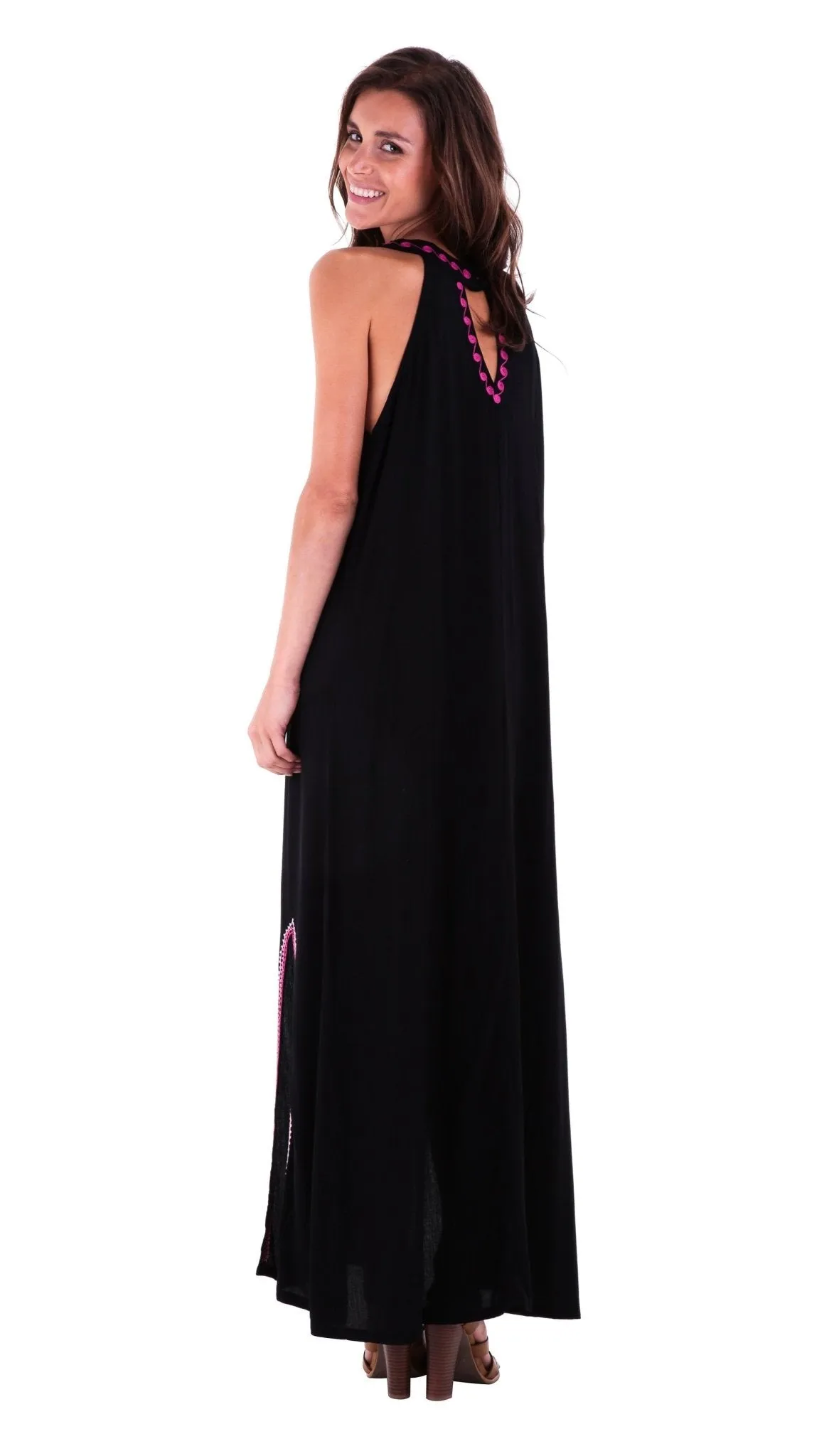 SHU-SHI Women's Sleeveless Boho Maxi Dress - Long Summer Tank with Double Split Geometric Design in Black