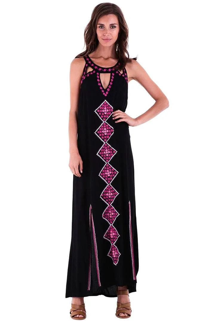 SHU-SHI Women's Sleeveless Boho Maxi Dress - Long Summer Tank with Double Split Geometric Design in Black