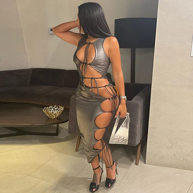 Silver Lace-Up Bodycon Dress