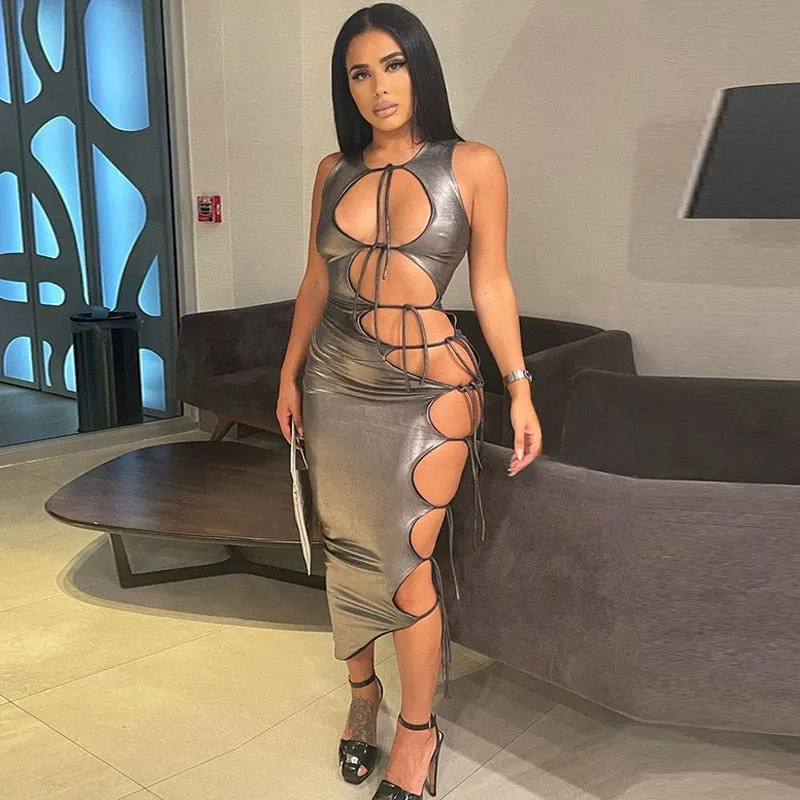 Silver Lace-Up Bodycon Dress