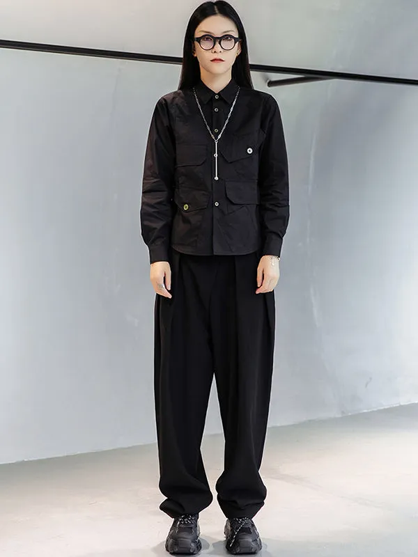 Simple Black Lapel Pockets Blouse
