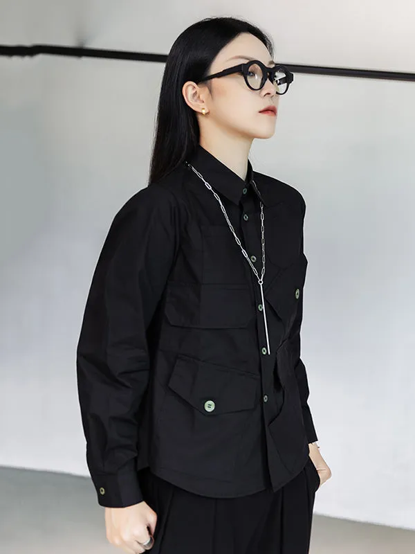 Simple Black Lapel Pockets Blouse