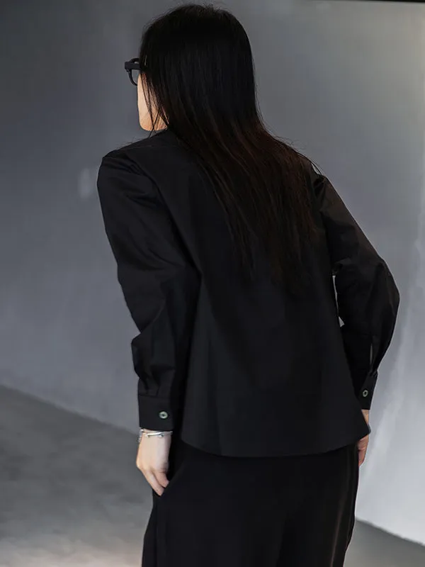 Simple Black Lapel Pockets Blouse