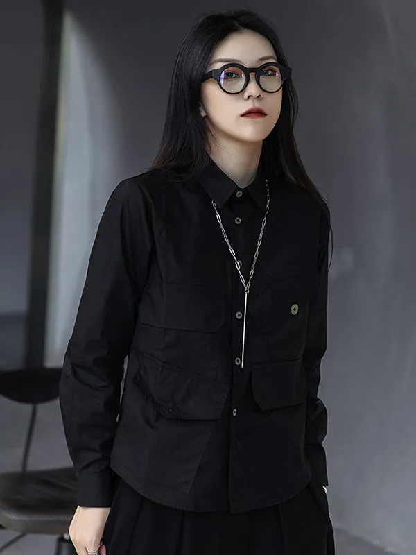 Simple Black Lapel Pockets Blouse