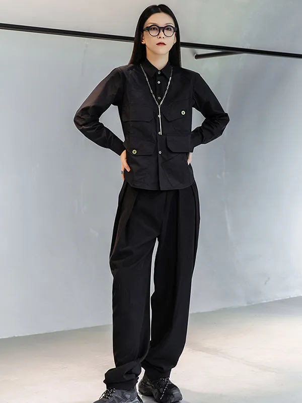 Simple Black Lapel Pockets Blouse