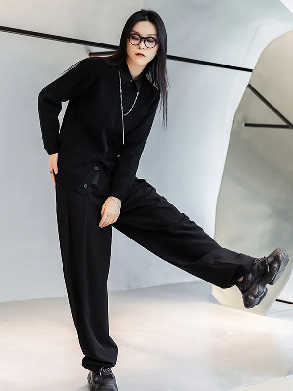 Simple Black Lapel Pockets Blouse