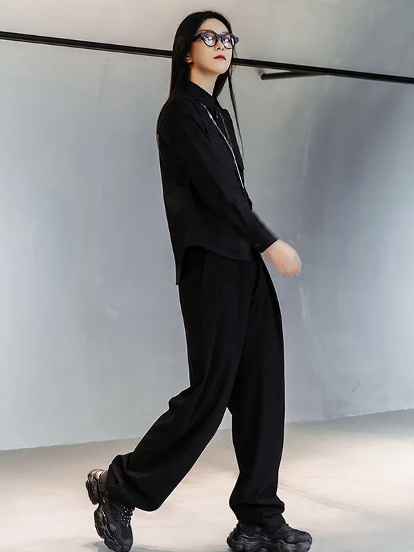Simple Black Lapel Pockets Blouse