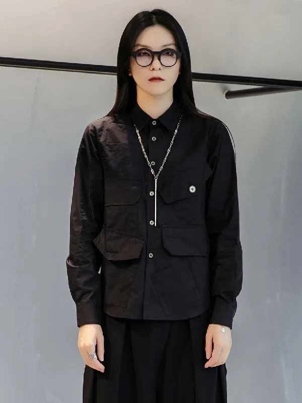 Simple Black Lapel Pockets Blouse