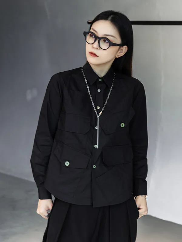 Simple Black Lapel Pockets Blouse