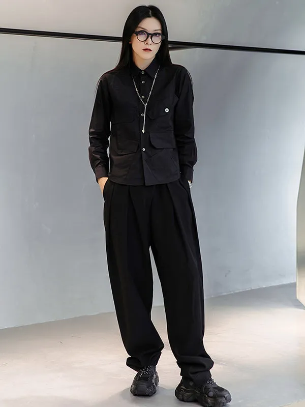 Simple Black Lapel Pockets Blouse