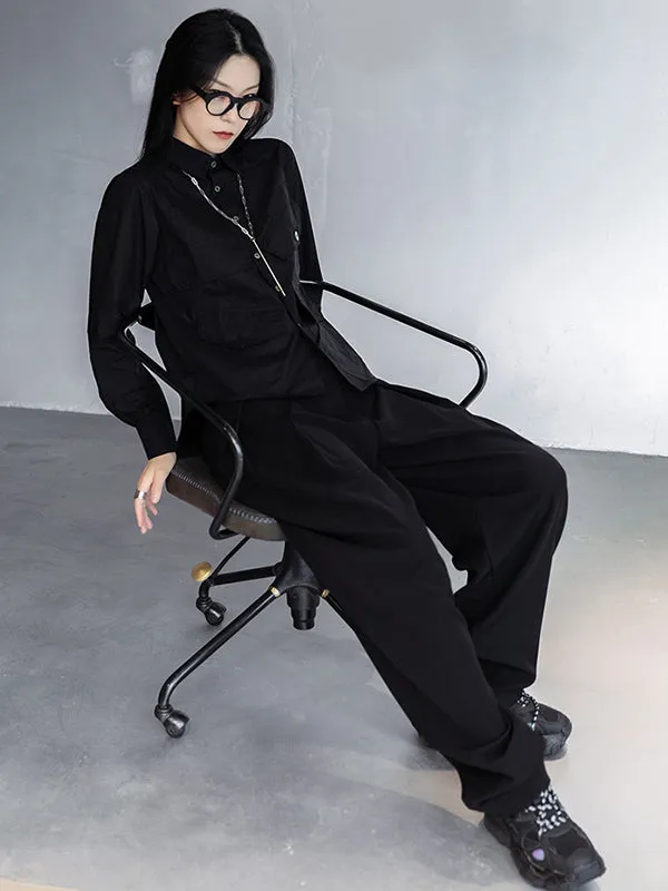 Simple Black Lapel Pockets Blouse