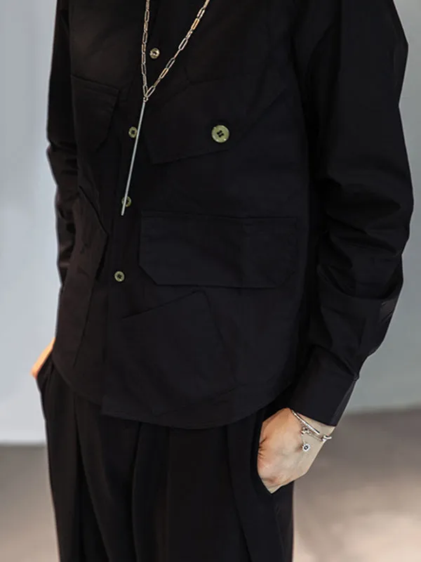 Simple Black Lapel Pockets Blouse