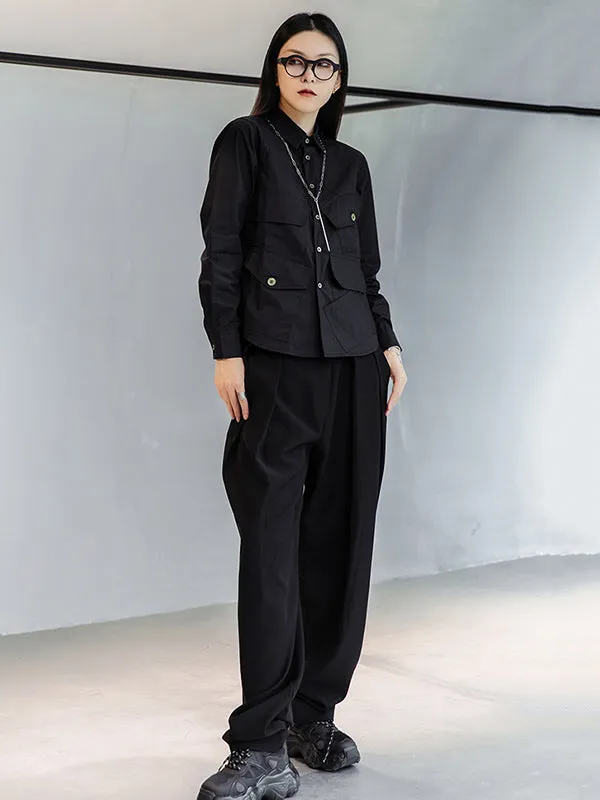 Simple Black Lapel Pockets Blouse