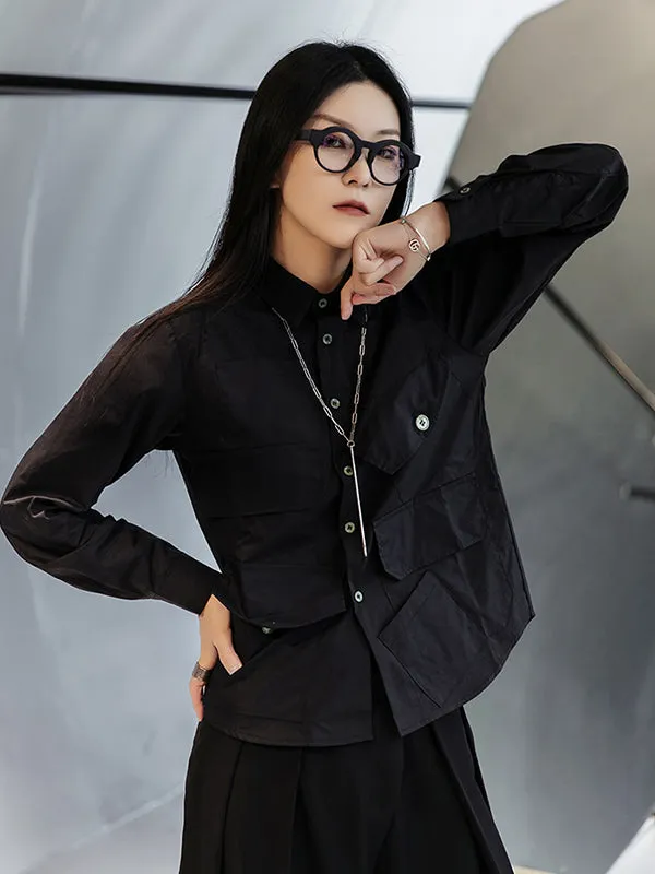 Simple Black Lapel Pockets Blouse