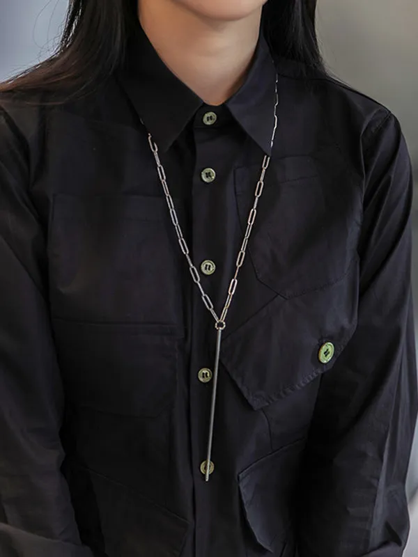 Simple Black Lapel Pockets Blouse