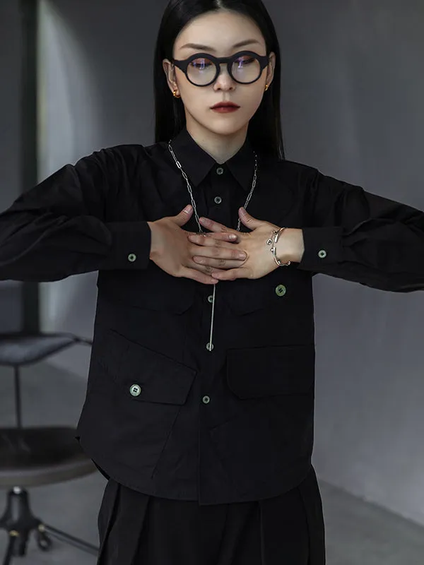 Simple Black Lapel Pockets Blouse