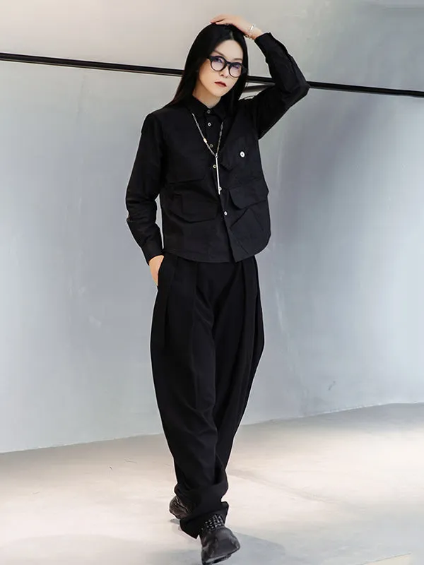 Simple Black Lapel Pockets Blouse