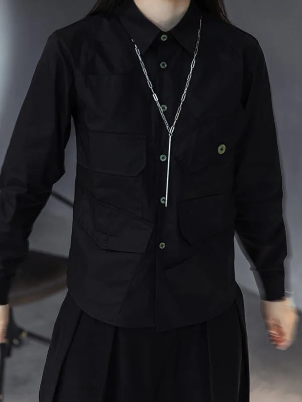 Simple Black Lapel Pockets Blouse