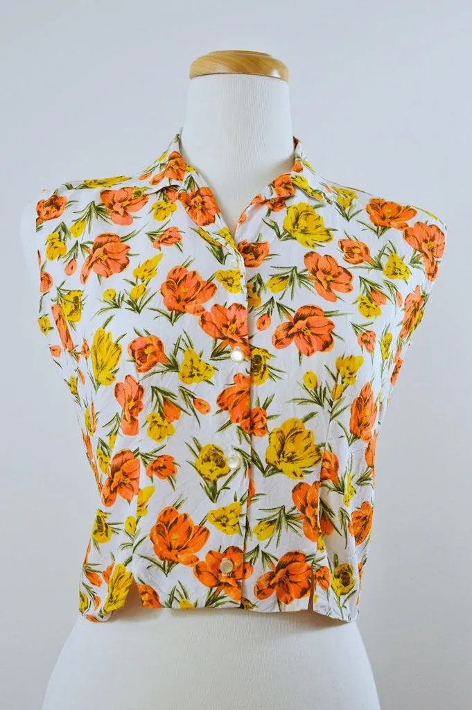 Sleeveless Button Down Blouse with Yellow and Orange Flowers | Extra-Small / Small