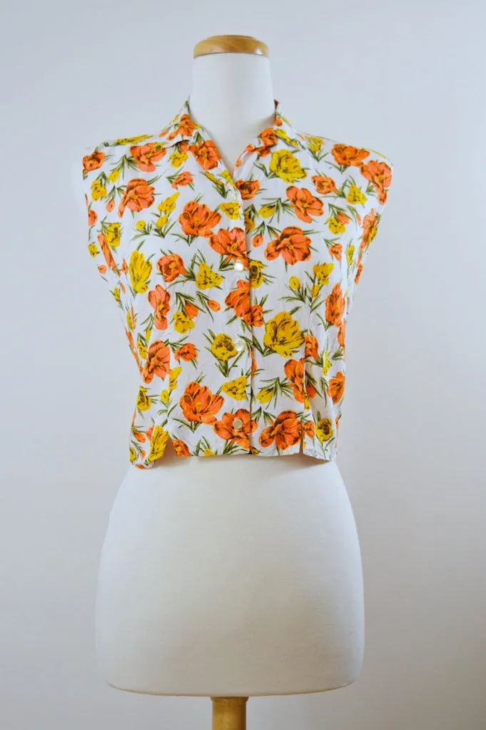 Sleeveless Button Down Blouse with Yellow and Orange Flowers | Extra-Small / Small