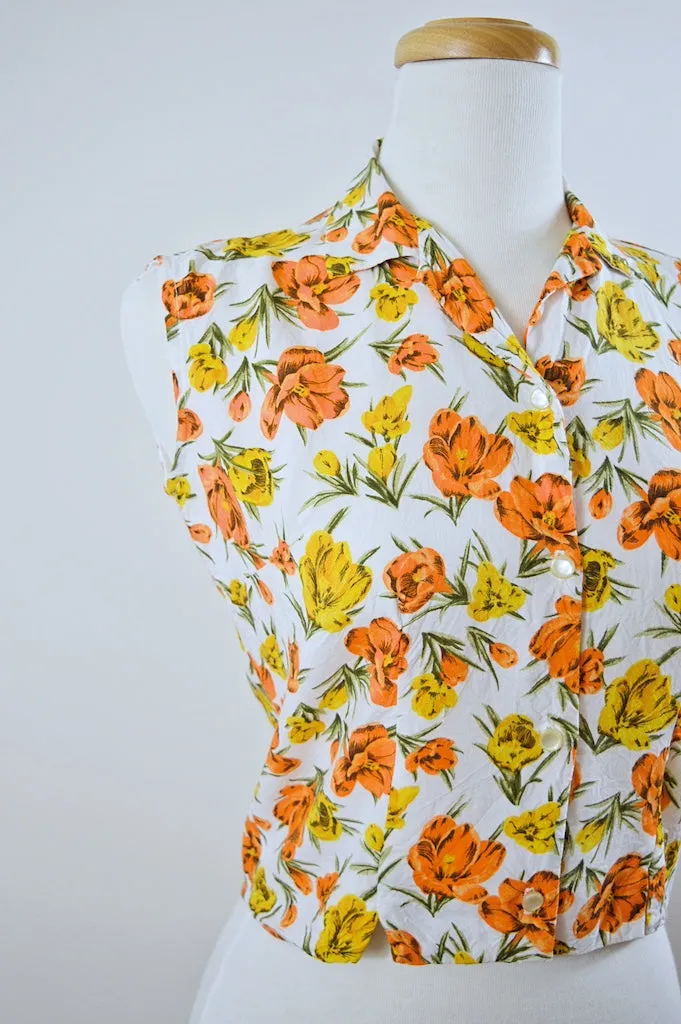 Sleeveless Button Down Blouse with Yellow and Orange Flowers | Extra-Small / Small