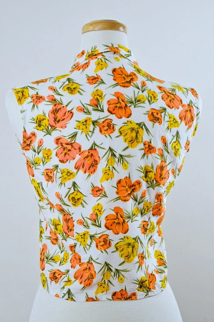 Sleeveless Button Down Blouse with Yellow and Orange Flowers | Extra-Small / Small