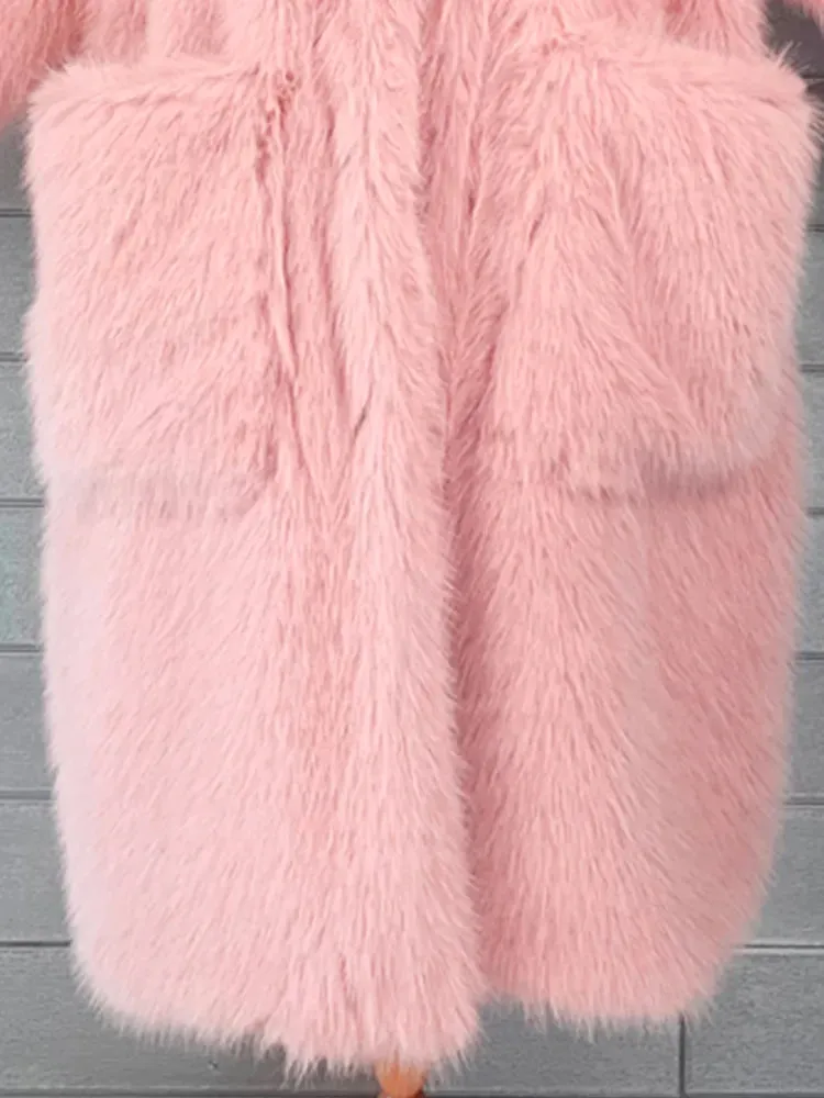 Soft Fluffy Faux Fur Lapel Long Overcoat