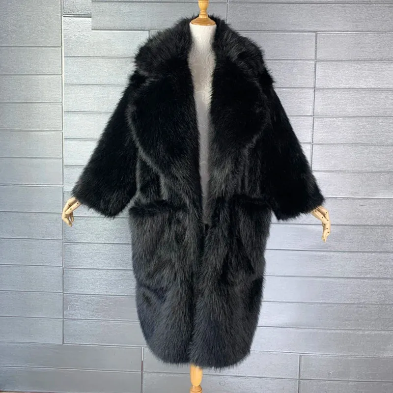 Soft Fluffy Faux Fur Lapel Long Overcoat