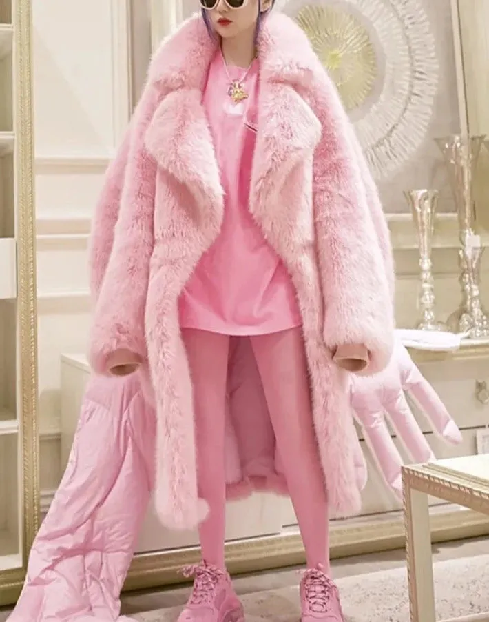 Soft Fluffy Faux Fur Lapel Long Overcoat