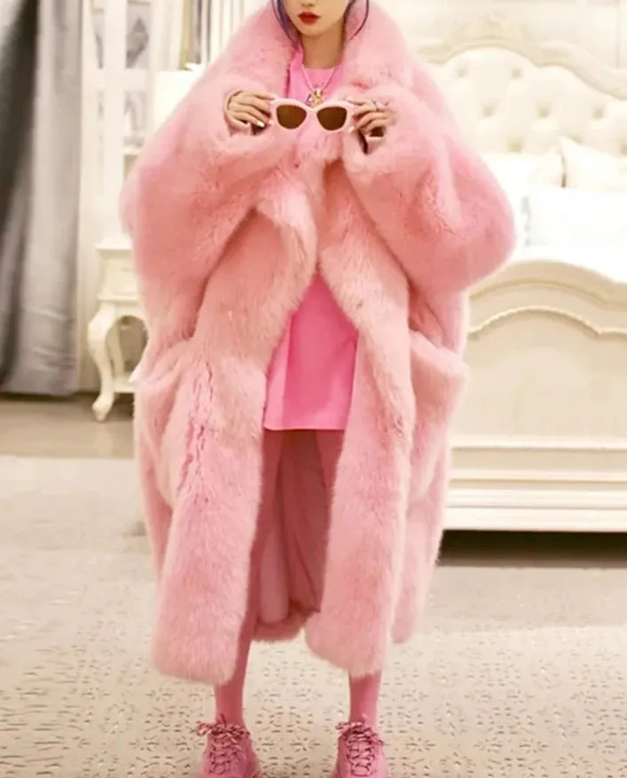 Soft Fluffy Faux Fur Lapel Long Overcoat