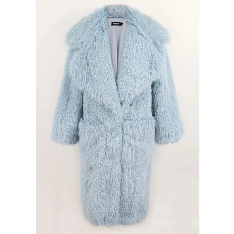 Soft Fluffy Faux Fur Lapel Long Overcoat