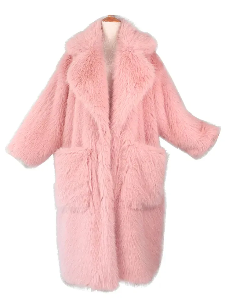 Soft Fluffy Faux Fur Lapel Long Overcoat