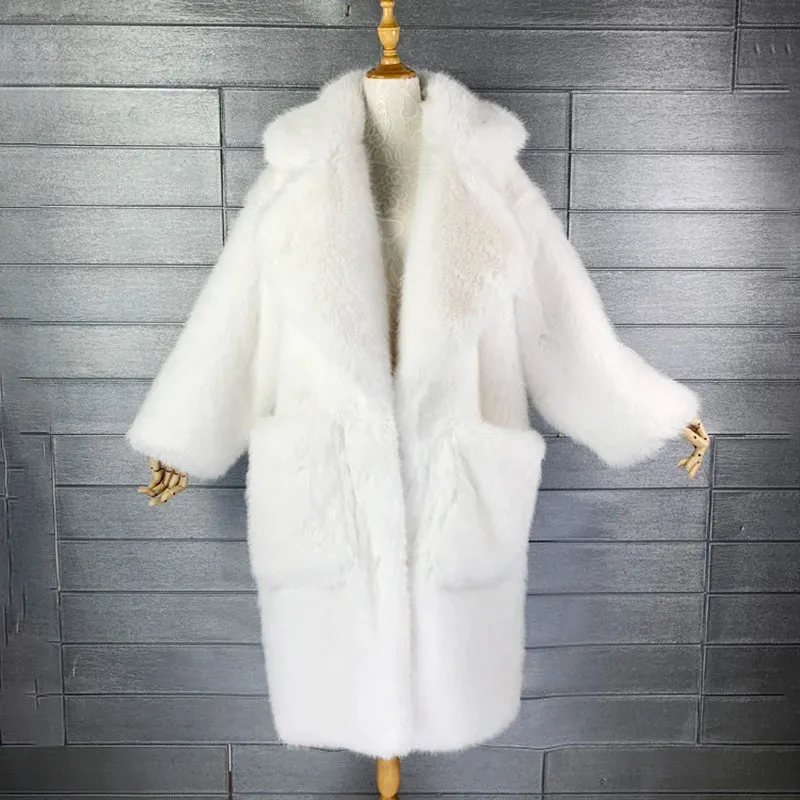 Soft Fluffy Faux Fur Lapel Long Overcoat
