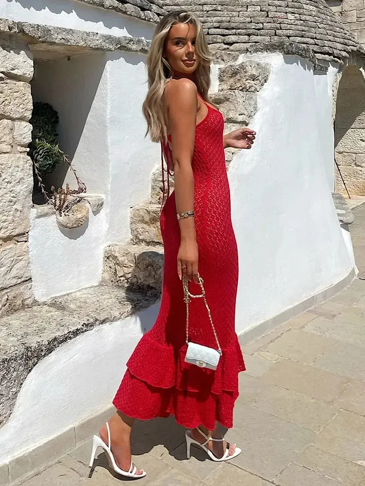 Spaghetti Ruffle Wrap Knit Beach Dress