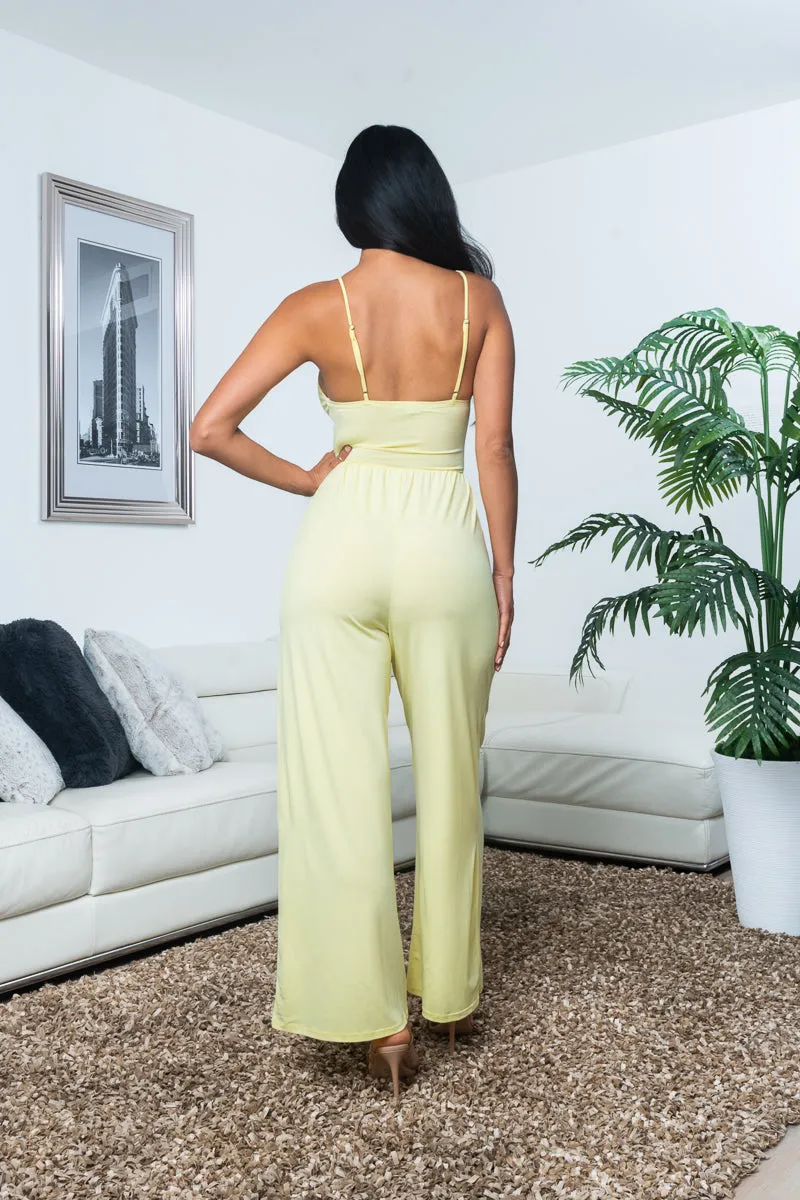 Spaghetti Strap Drawstring Tie Front Straight Leg Jumpsuit with Cutout Midriff (3697RY)