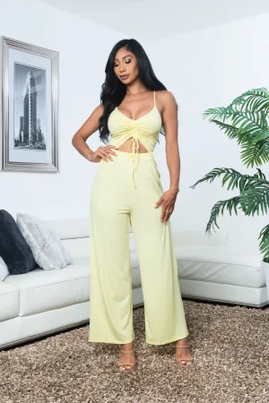 Spaghetti Strap Drawstring Tie Front Straight Leg Jumpsuit with Cutout Midriff (3697RY)