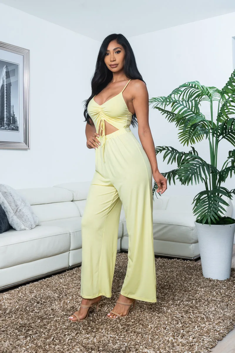 Spaghetti Strap Drawstring Tie Front Straight Leg Jumpsuit with Cutout Midriff (3697RY)