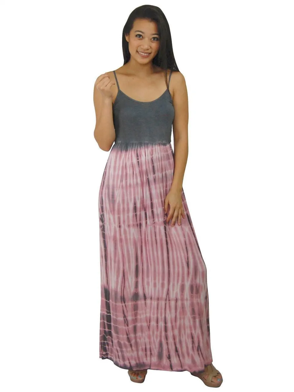 Spaghetti Strap Tie Dye Gray Pink Maxi Dress