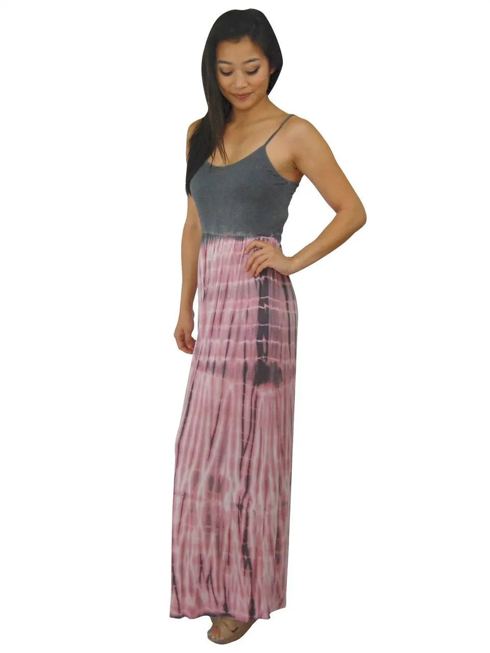 Spaghetti Strap Tie Dye Gray Pink Maxi Dress