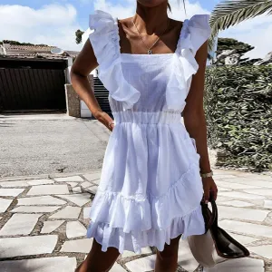 Square Collar Butterfly Sleeve Tie-Back Ruffles Mini Dress
