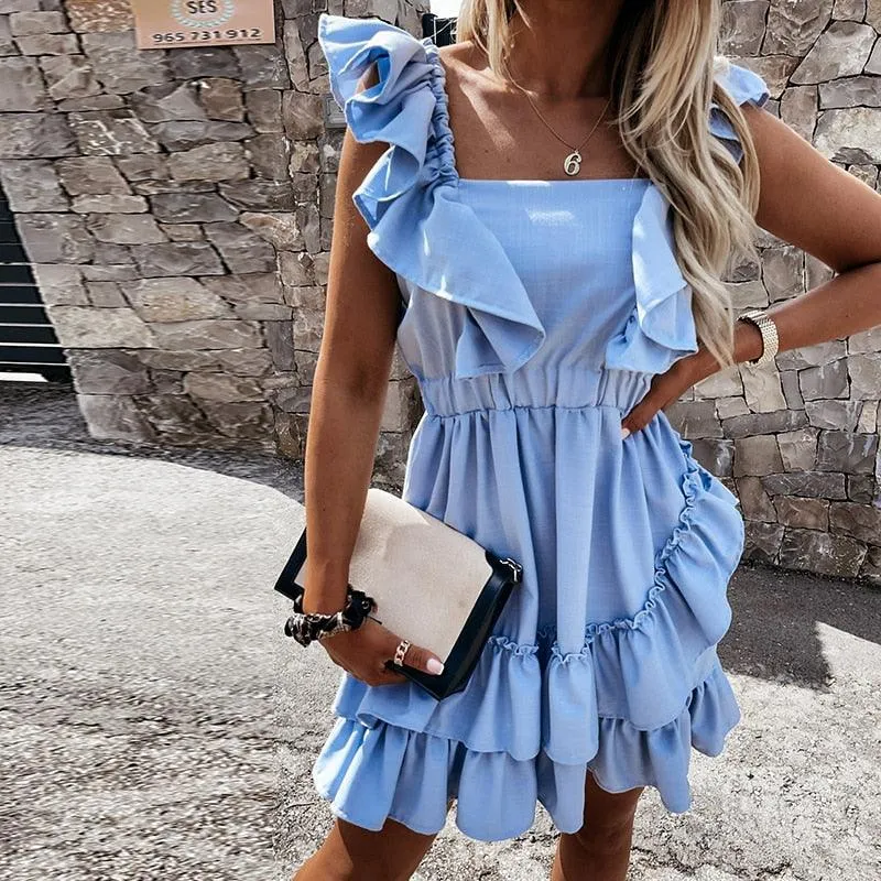 Square Collar Butterfly Sleeve Tie-Back Ruffles Mini Dress