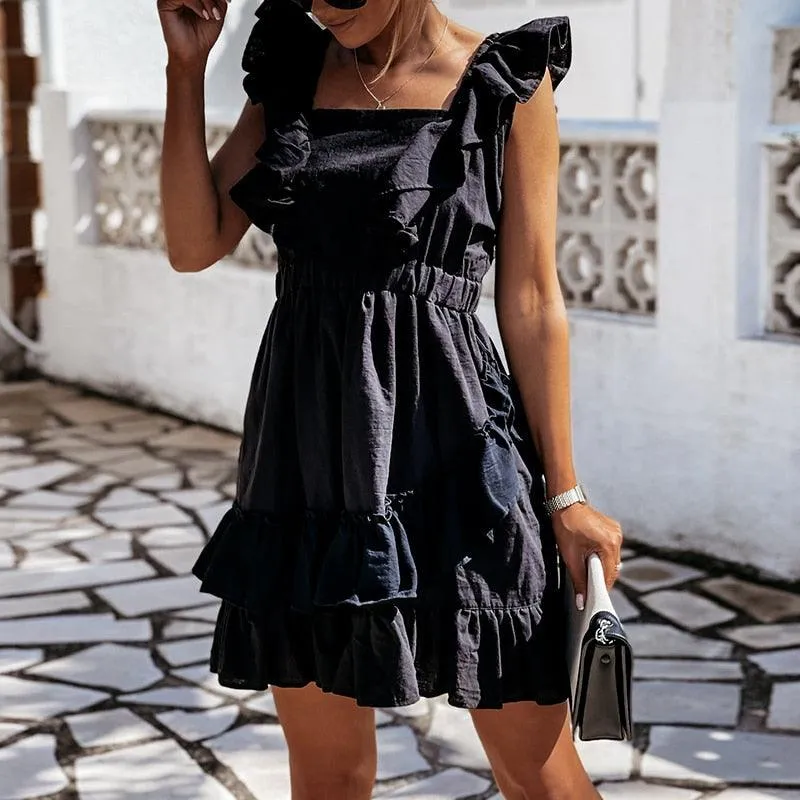 Square Collar Butterfly Sleeve Tie-Back Ruffles Mini Dress