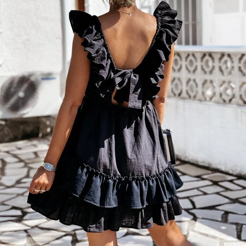 Square Collar Butterfly Sleeve Tie-Back Ruffles Mini Dress