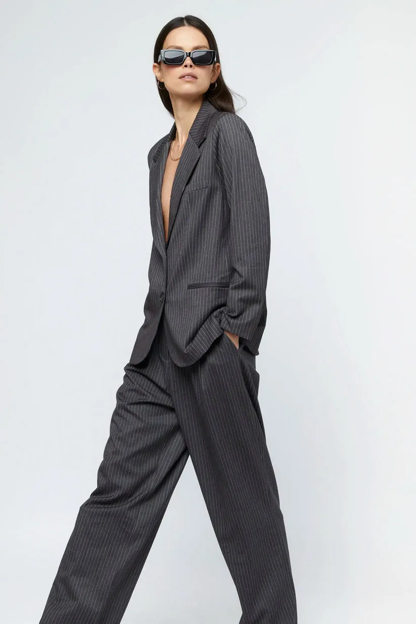 Straight grey pinstripe suit trousers