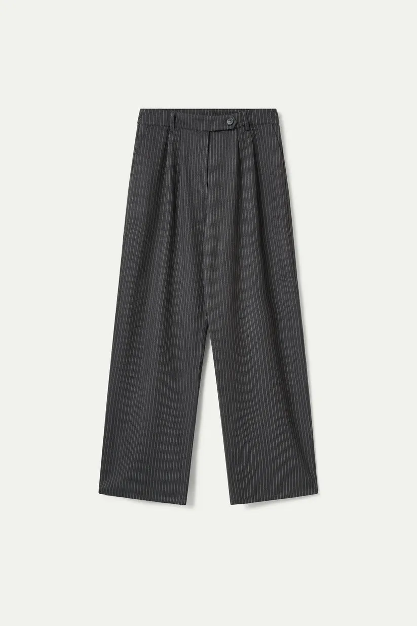 Straight grey pinstripe suit trousers