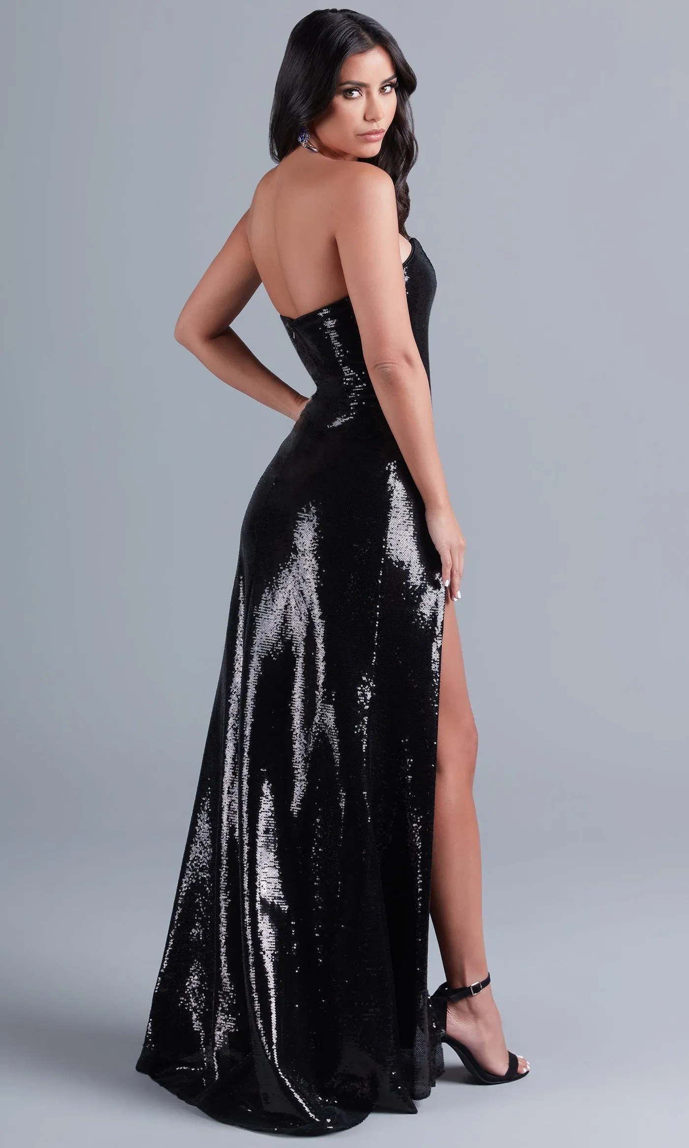 Strapless Deep V-Neck Long Sequin Prom Dress