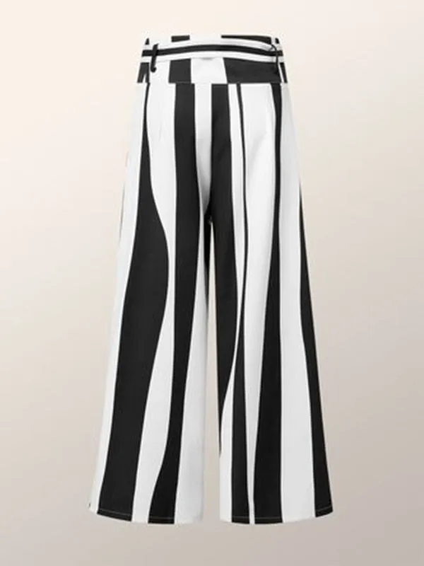 Striped Tied Waist High Waisted Loose Trousers Pants